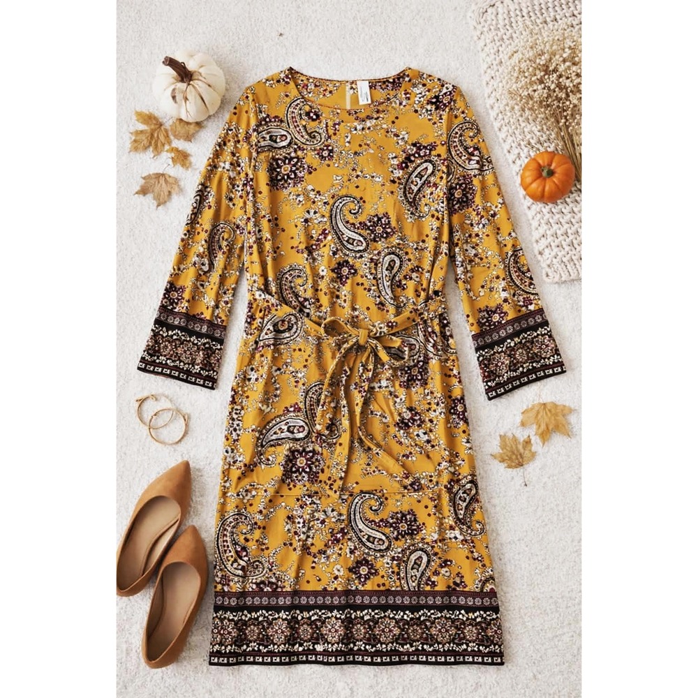 NY Collection Paisley Print Dress 2X Mustard Yellow Stretch Shift 3/4 Sleeves - Picture 2 of 9